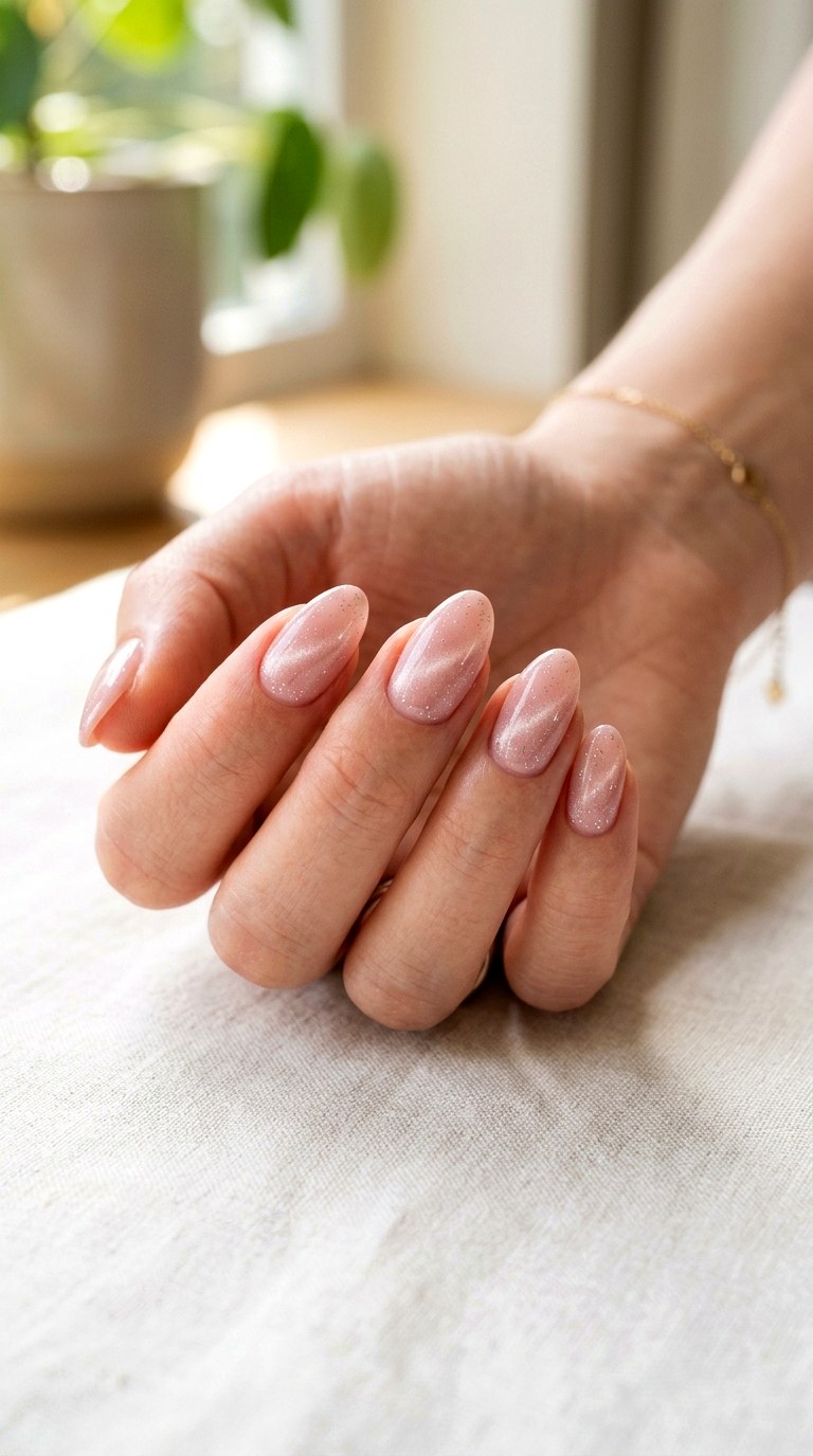 Soft Blush Glow with Fine Silver Glitter - 20 Spring Blush Cat Eye Nails with Glitter Ideas