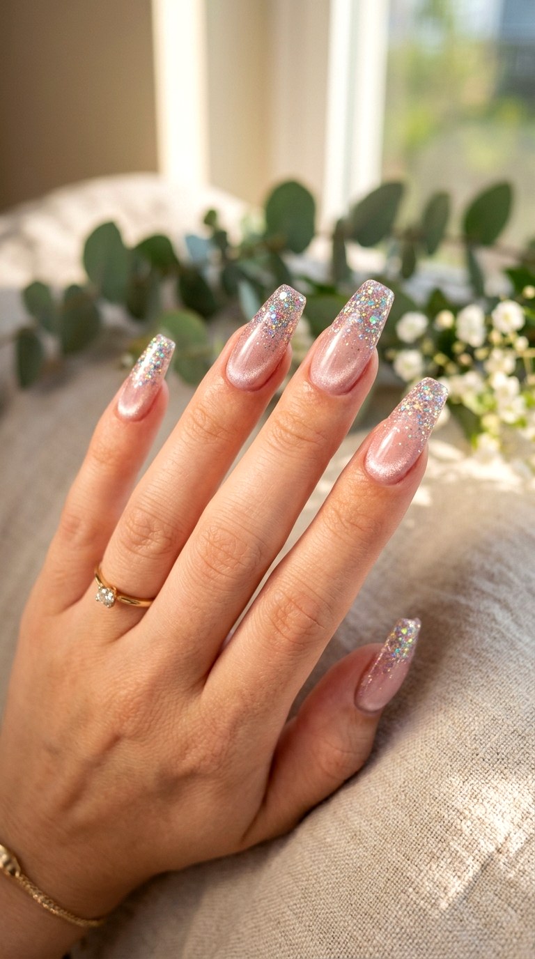 Soft Blush with Glitter Gradient Tips - 21 Summer Blush Cat Eye Nails with Glitter Ideas