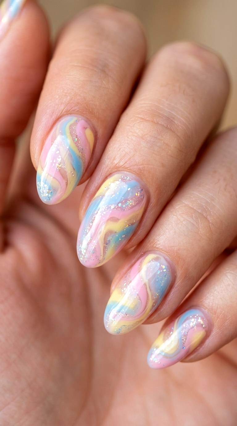 Soft Candy Swirl Gel Almond Nails - 29 Festive Spring Multicolor Acrylic Nails