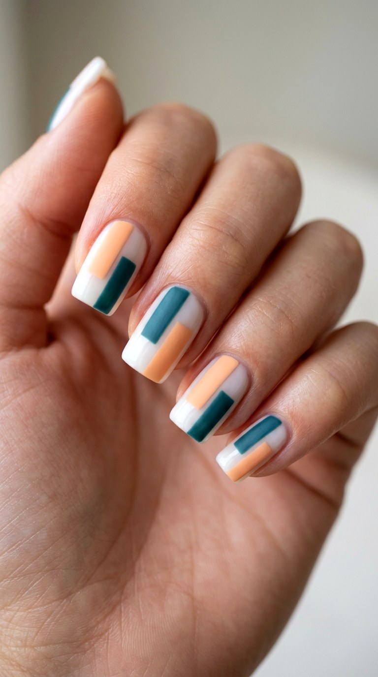 Soft Cantaloupe and Teal Rectangular Panels - 23 Geometric Spring Two Colored Nails