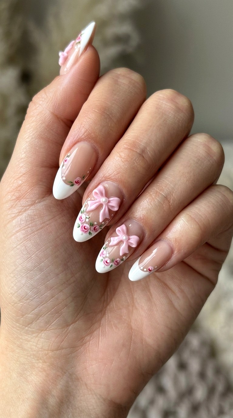 Soft Coquette Ribbon and Rosette Nails - 21 Classic Spring Acrylic Nails