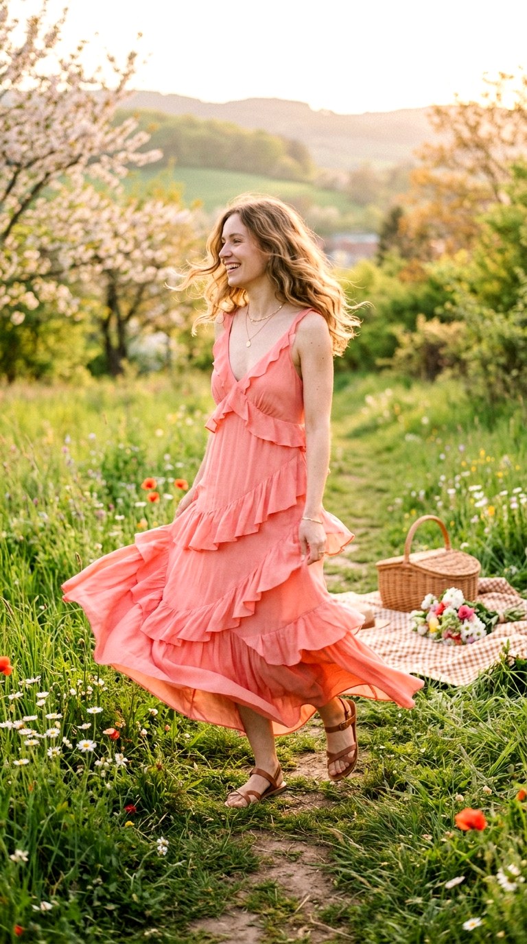 Soft Coral Ruffle Dress Outfit - 21 Dreamy Pastel Spring Outfits 2026 That Feel Super Viral and Soft - Copy