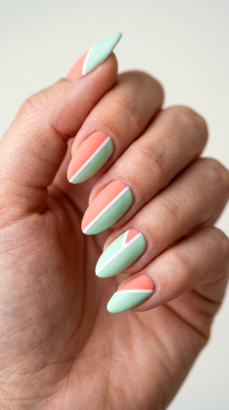 Soft Coral and Mint Geometric Split - 24 Classy Spring Two Colored Nails