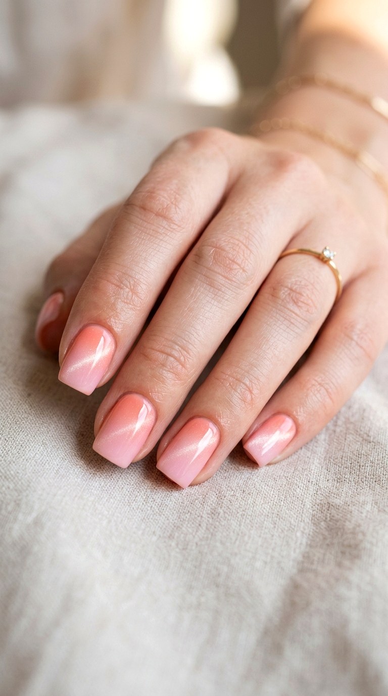 Soft Coral to Baby Pink Cat Eye Ombre Nails - 24 Summer Ombre Pastel Cat Eye Nails Ideas