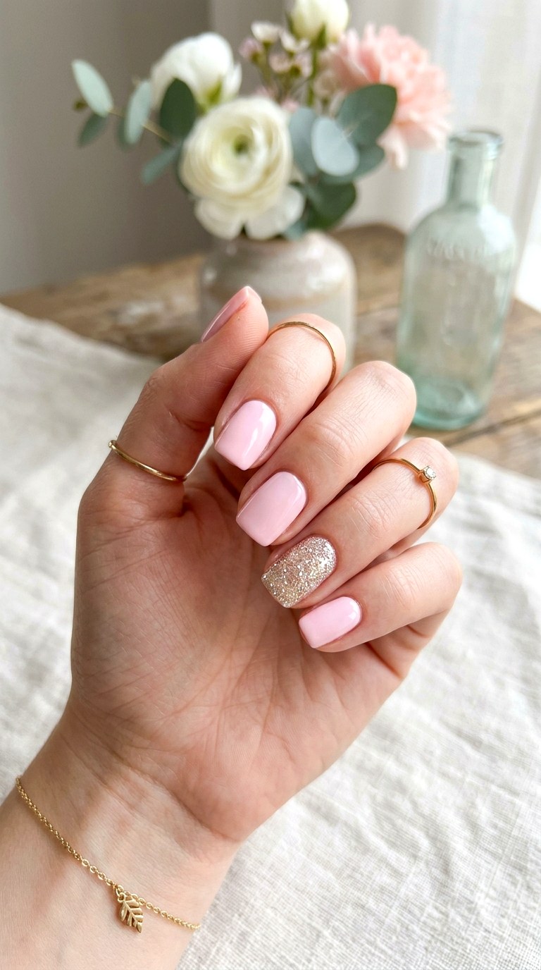 Soft Glitter Accent Nails - 28 Short Spring Nail Designs That Are Cute and Practical