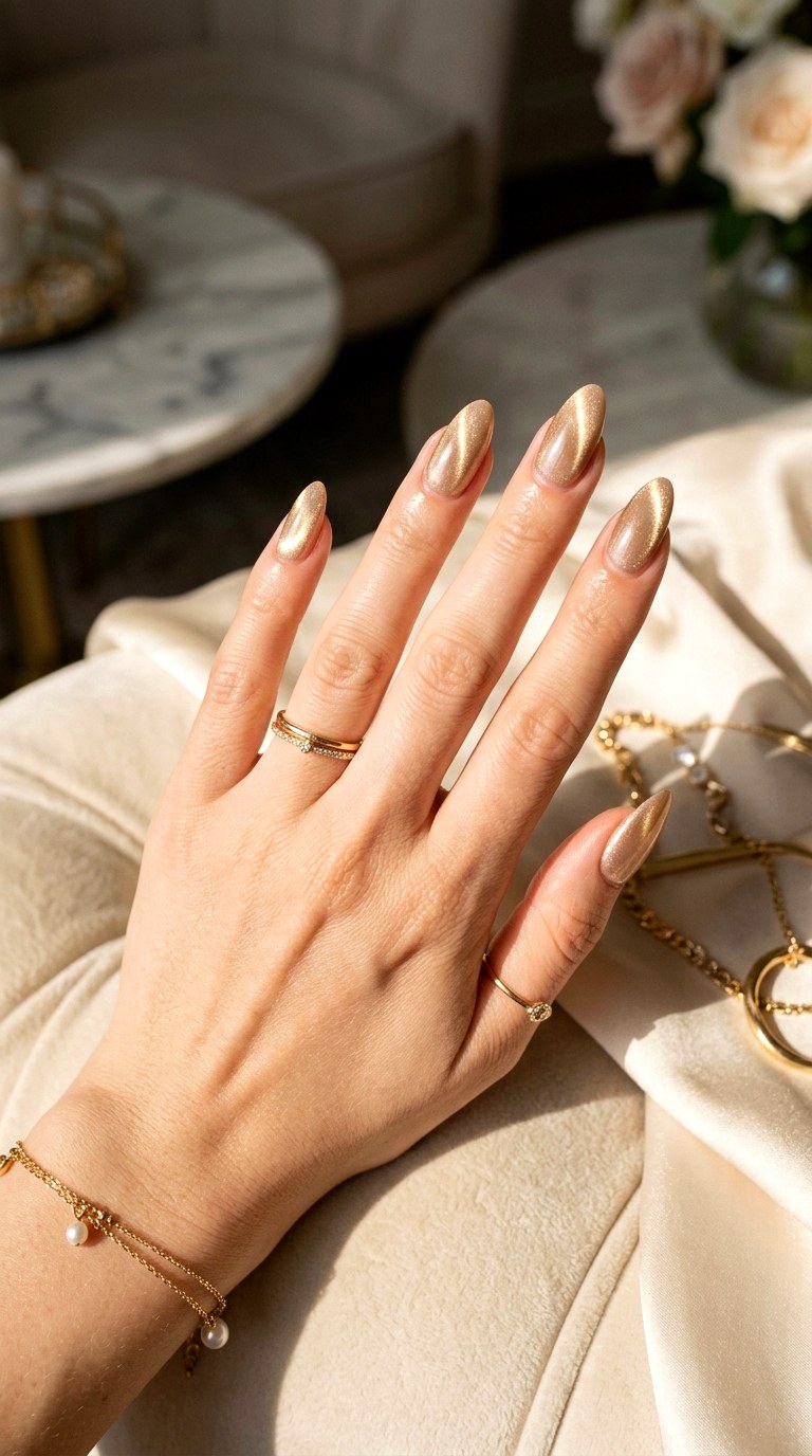 Soft Gold Cat Eye Almond Nails - 20 Summer Soft Gold Cat Eye Nails Ideas