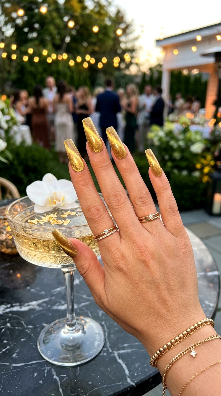 Soft Gold Cat Eye Coffin Nails - 20 Summer Soft Gold Cat Eye Nails Ideas