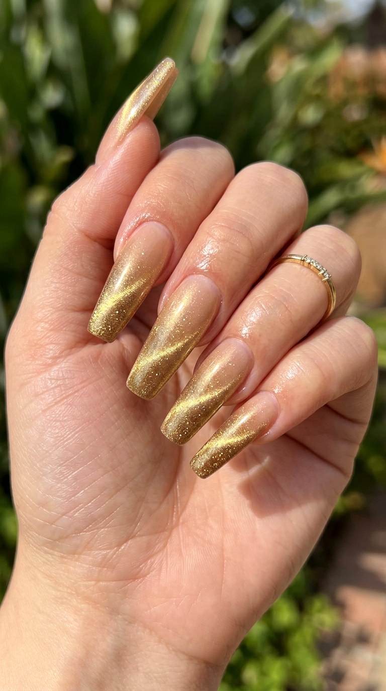 Soft Gold Cat Eye Gradient Nails - 20 Summer Soft Gold Cat Eye Nails Ideas