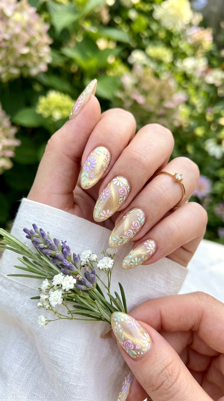 Soft Gold Cat Eye with Floral Art - 20 Summer Soft Gold Cat Eye Nails Ideas
