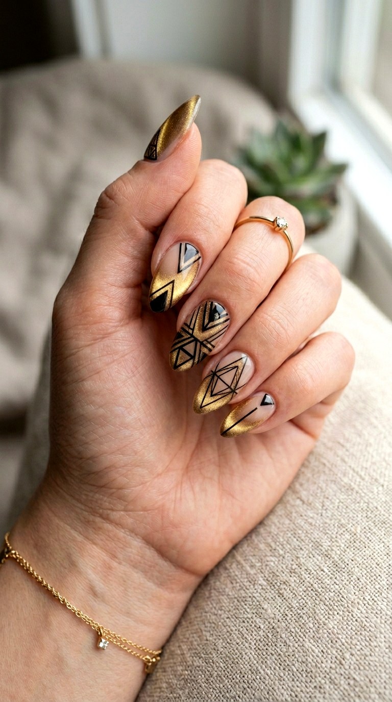 Soft Gold Cat Eye with Geometric Patterns - 20 Spring Soft Gold Cat Eye Nails Ideas
