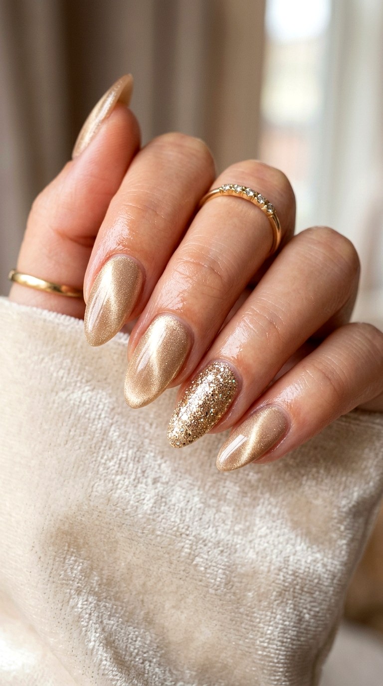 Soft Gold Cat Eye with Glitter Accent - 20 Spring Soft Gold Cat Eye Nails Ideas