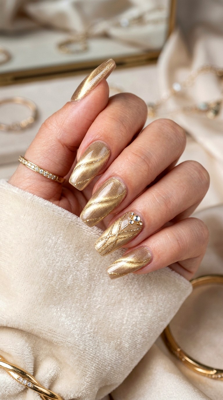 Soft Gold Cat Eye with Glitter Line Detail - 20 Summer Soft Gold Cat Eye Nails Ideas