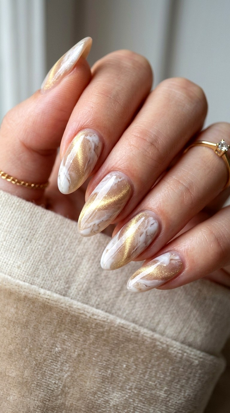 Soft Gold Cat Eye with Marble Effect - 20 Summer Soft Gold Cat Eye Nails Ideas