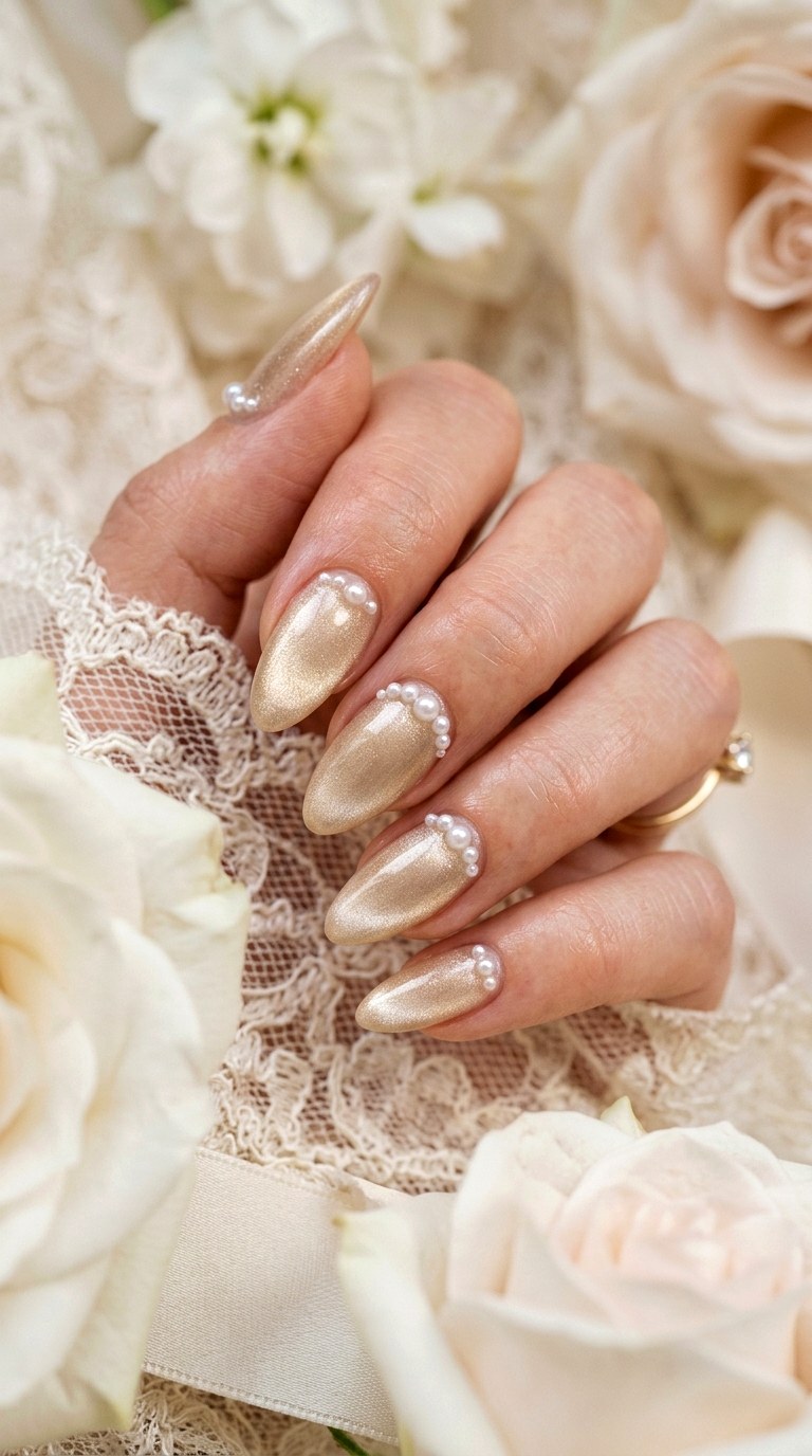 Soft Gold Cat Eye with Pearl Accents - 20 Summer Soft Gold Cat Eye Nails Ideas