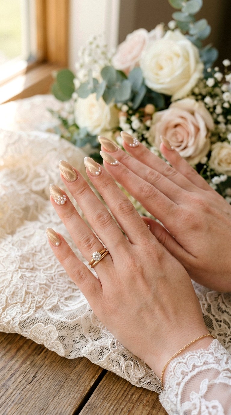 Soft Gold Cat Eye with Pearl Accents - 20 Spring Soft Gold Cat Eye Nails Ideas