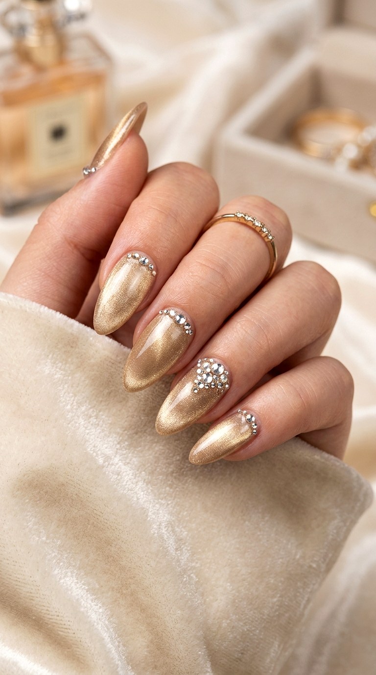 Soft Gold Cat Eye with Rhinestone Accents - 20 Spring Soft Gold Cat Eye Nails Ideas