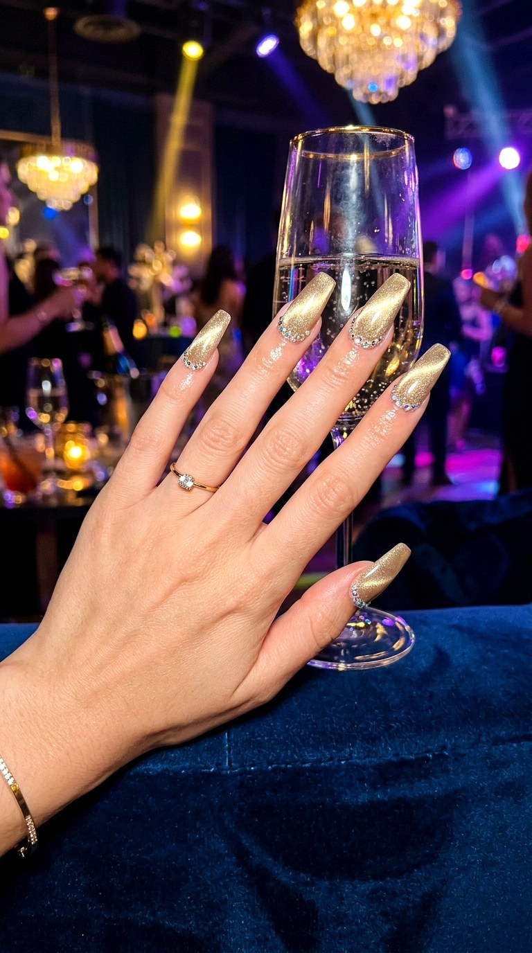 Soft Gold Cat Eye with Rhinestones - 20 Summer Soft Gold Cat Eye Nails Ideas