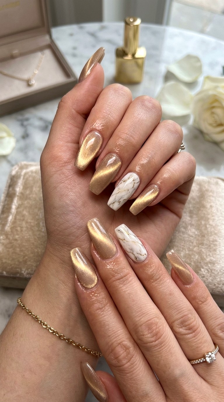 Soft Gold Cat Eye with White Marble Effect - 20 Spring Soft Gold Cat Eye Nails Ideas