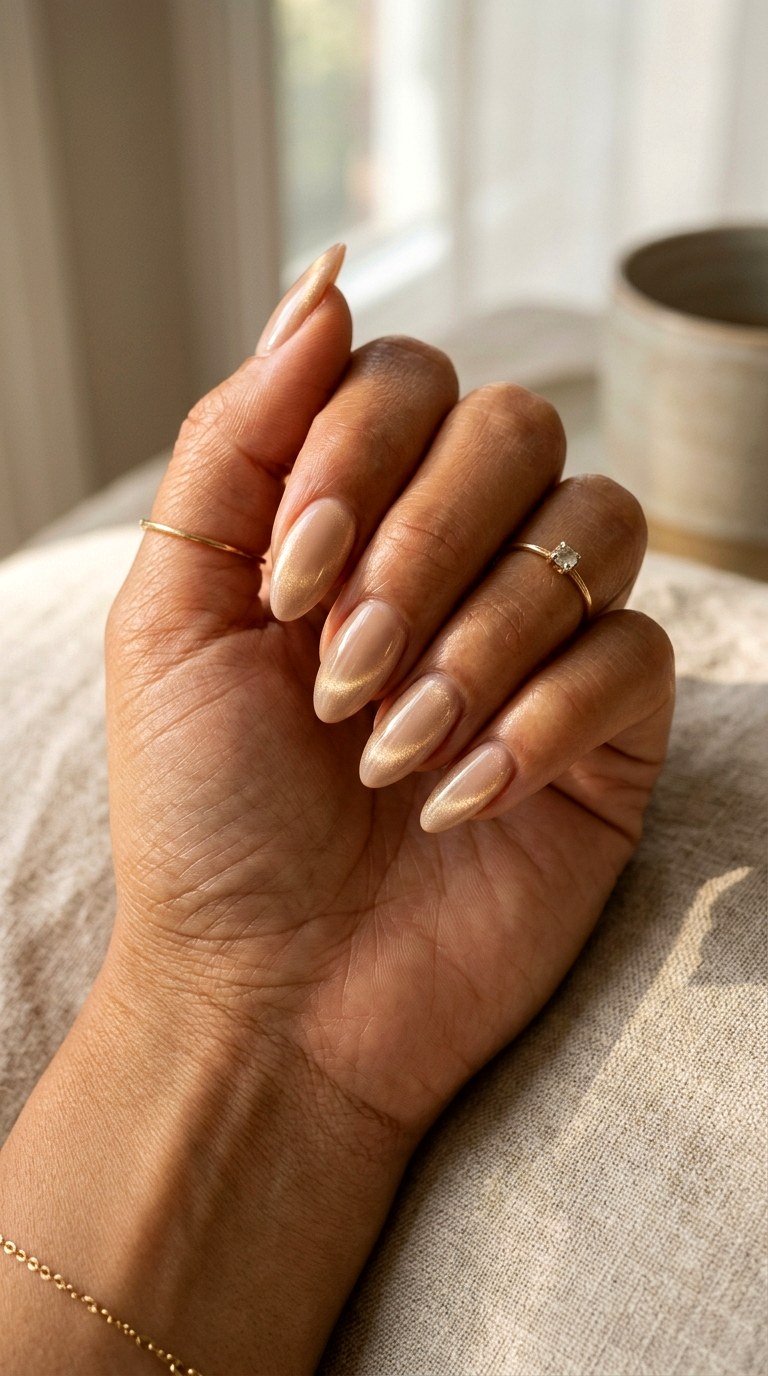 Soft Gold with Nude Base - 20 Spring Soft Gold Cat Eye Nails Ideas