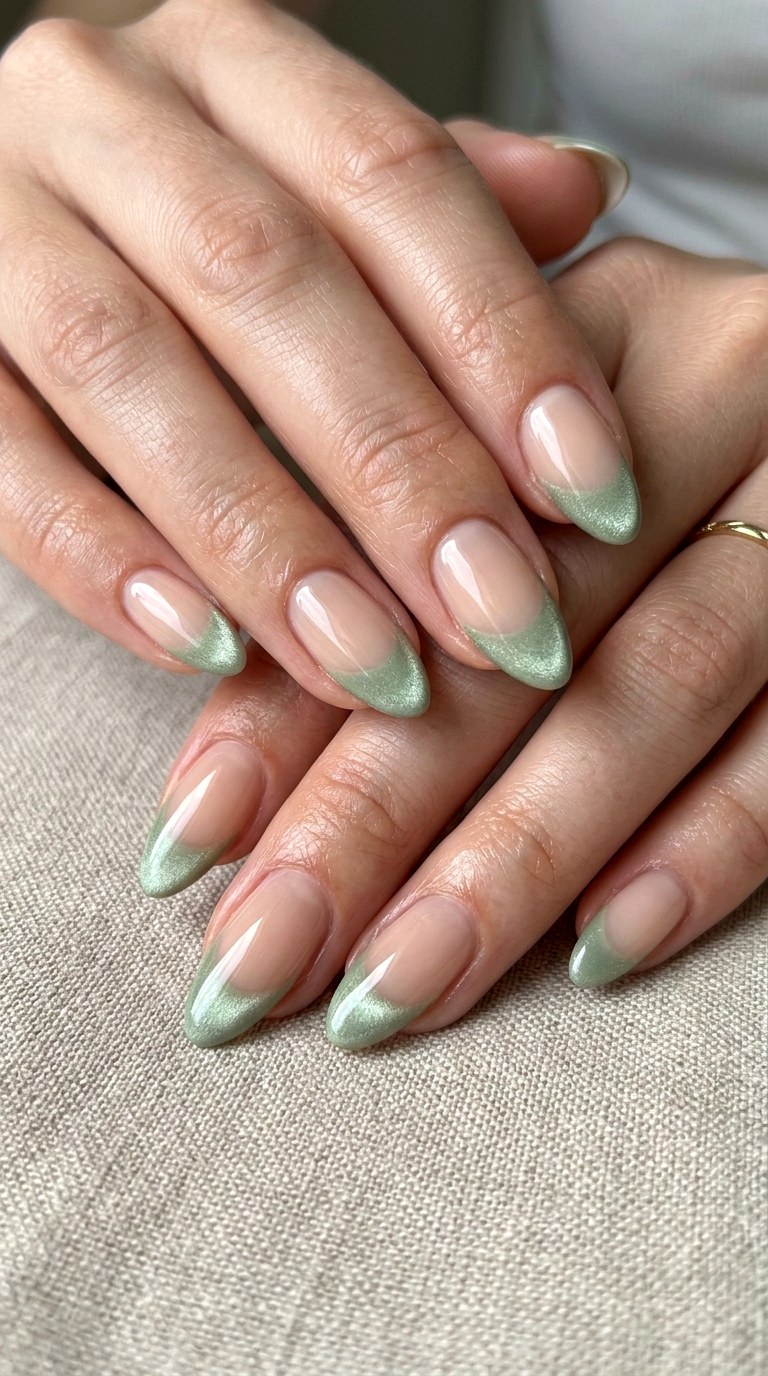 Soft Green French Cat Eye Tips - 23 Summer Soft Green Shimmer Cat Eye Nails Ideas