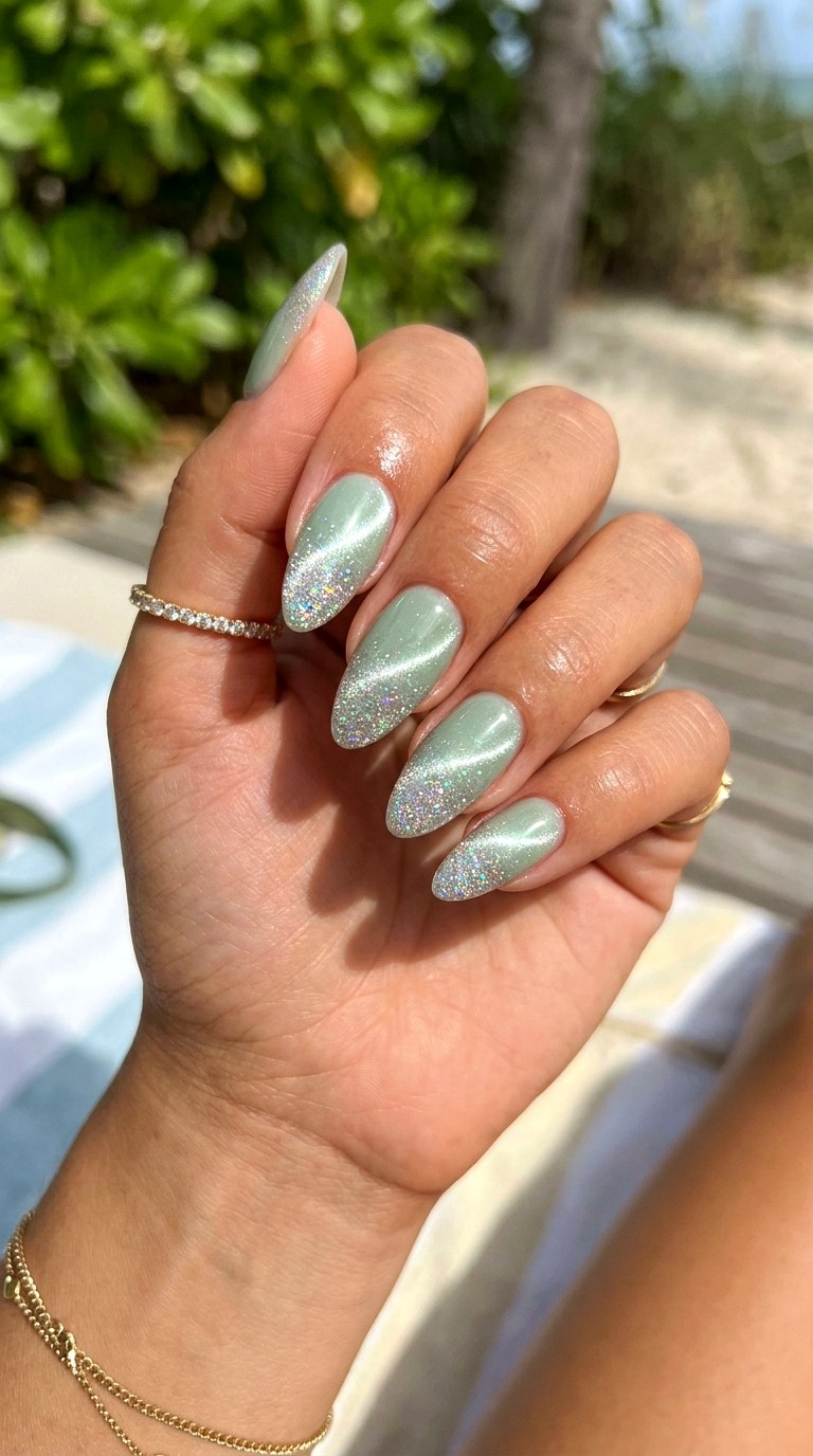 Soft Green Glitter Fade Cat Eye - 23 Summer Soft Green Shimmer Cat Eye Nails Ideas