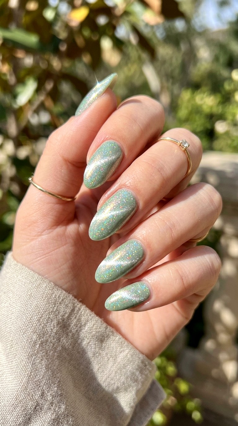 Soft Green Holographic Cat Eye - 23 Summer Soft Green Shimmer Cat Eye Nails Ideas
