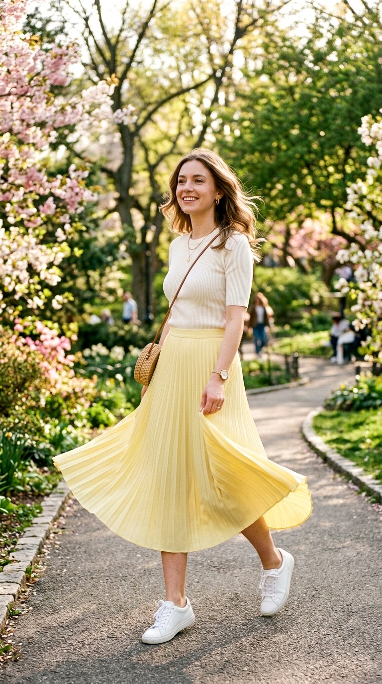 Soft Lemon Pleated Skirt Combo - 21 Dreamy Pastel Spring Outfits 2026 That Feel Super Viral and Soft - Copy