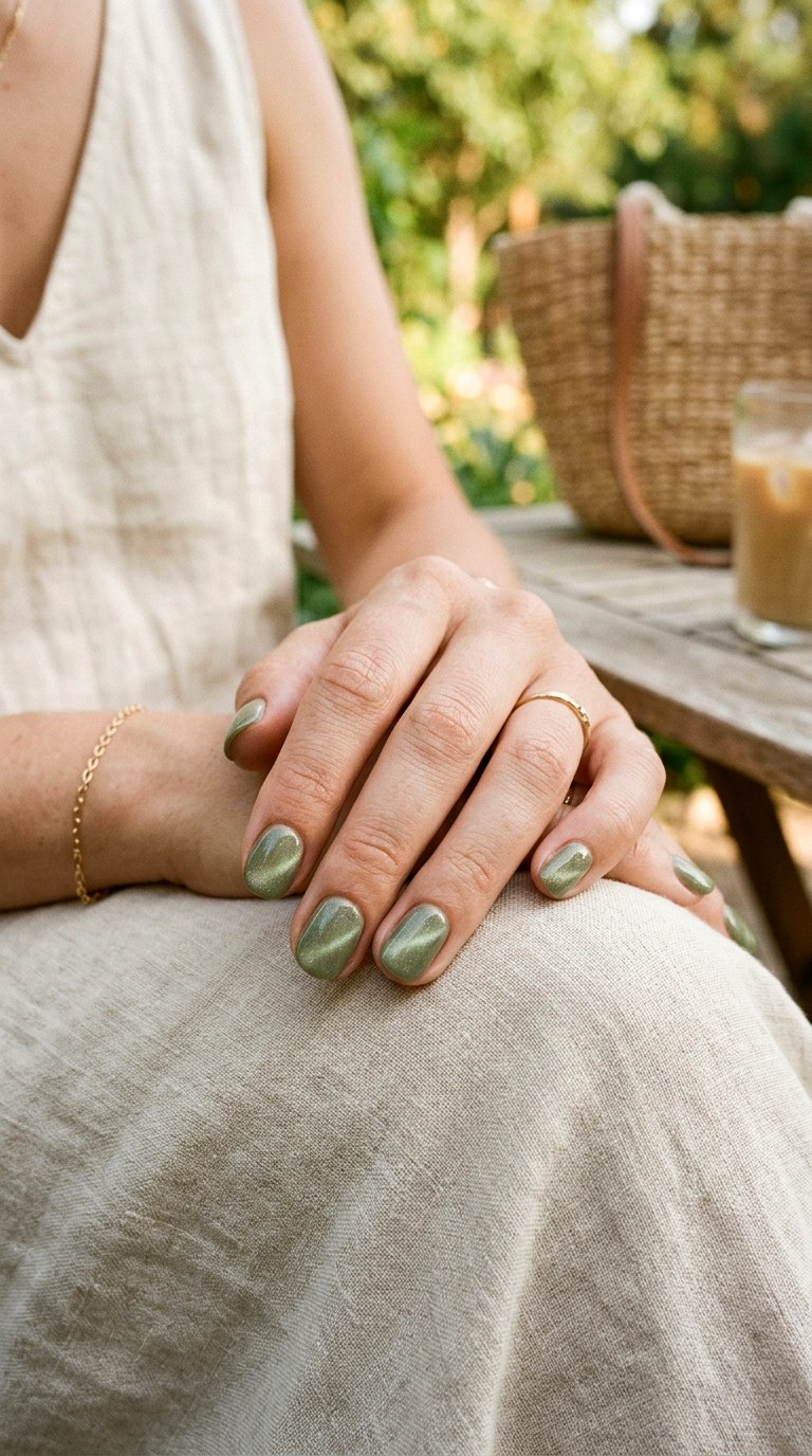 Soft Matcha Shimmer Cat Eye - 23 Summer Soft Green Shimmer Cat Eye Nails Ideas