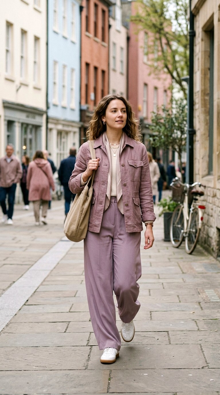 Soft Mauve Layered Street Look - 21 Dreamy Pastel Spring Outfits 2026 That Feel Super Viral and Soft - Copy