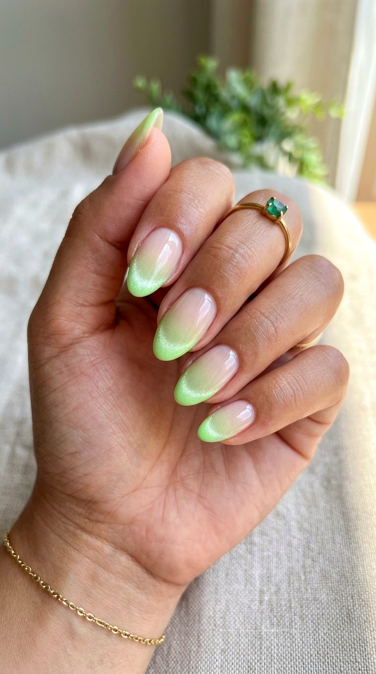 Soft Neon Green Fade Cat Eye - 23 Summer Soft Green Shimmer Cat Eye Nails Ideas