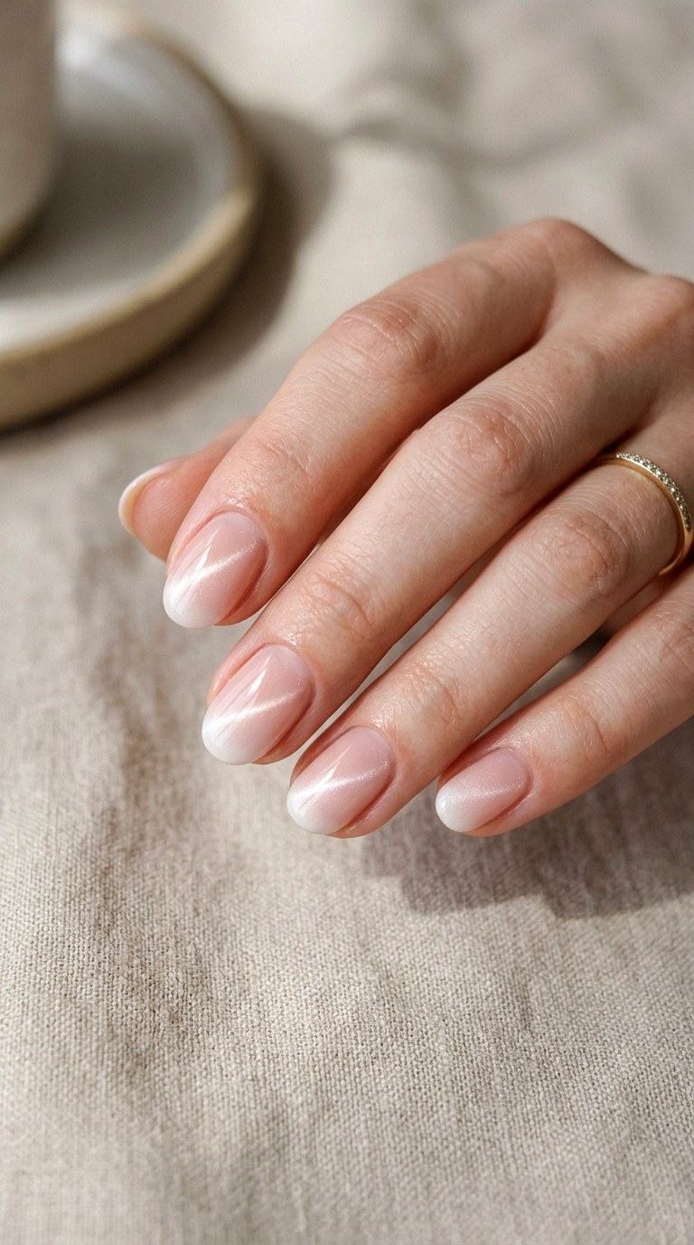 Soft Nude Pink to White Cat Eye Elegance - 21 Summer Pink and White Gradient Cat Eye Nails Ideas