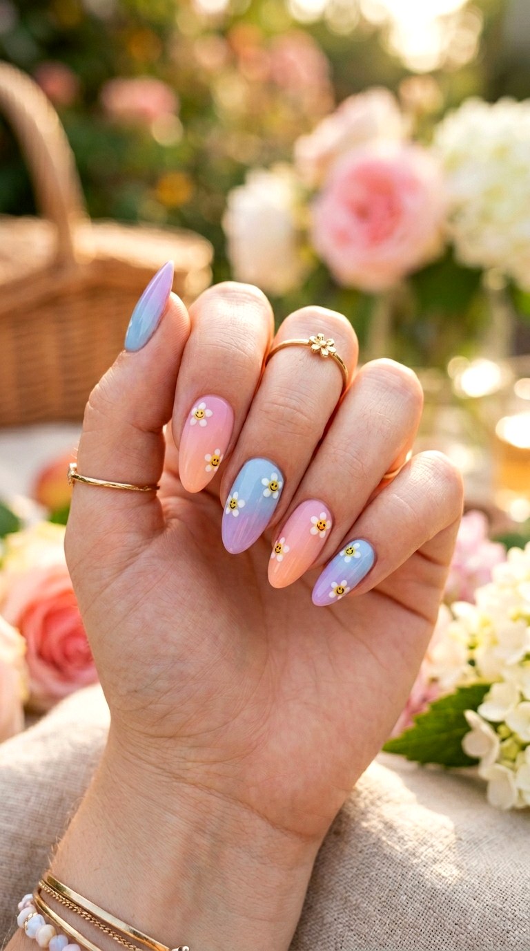 Soft Ombre Flower Smiles - 20 Summer Happy Flower Cartoon Nails Ideas