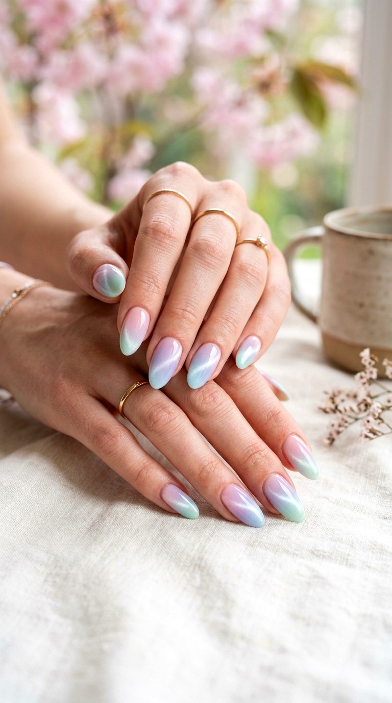 Soft Pastel Gradient Cat Eye Nails - 20 Spring Pastel Rainbow Cat Eye Nails Ideas