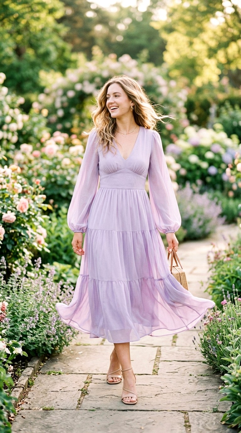 Soft Pastel Midi Dress with Minimal Accessories - 24 Beautiful Spring Outfit Inspirations 2026 for a Fresh New Look