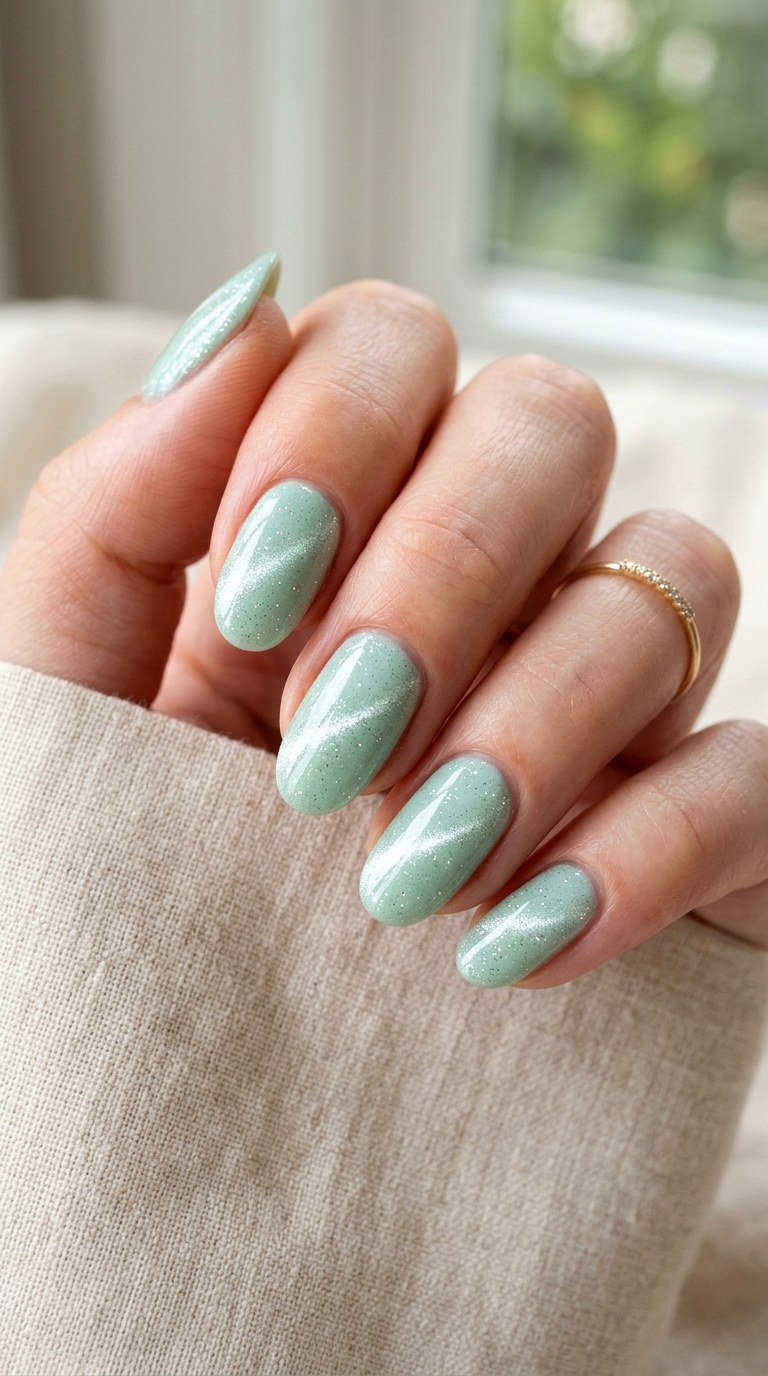 Soft Pastel Mint Cat Eye with Fine Glitter - 23 Summer Mint Green Cat Eye Nails with Sparkle Ideas