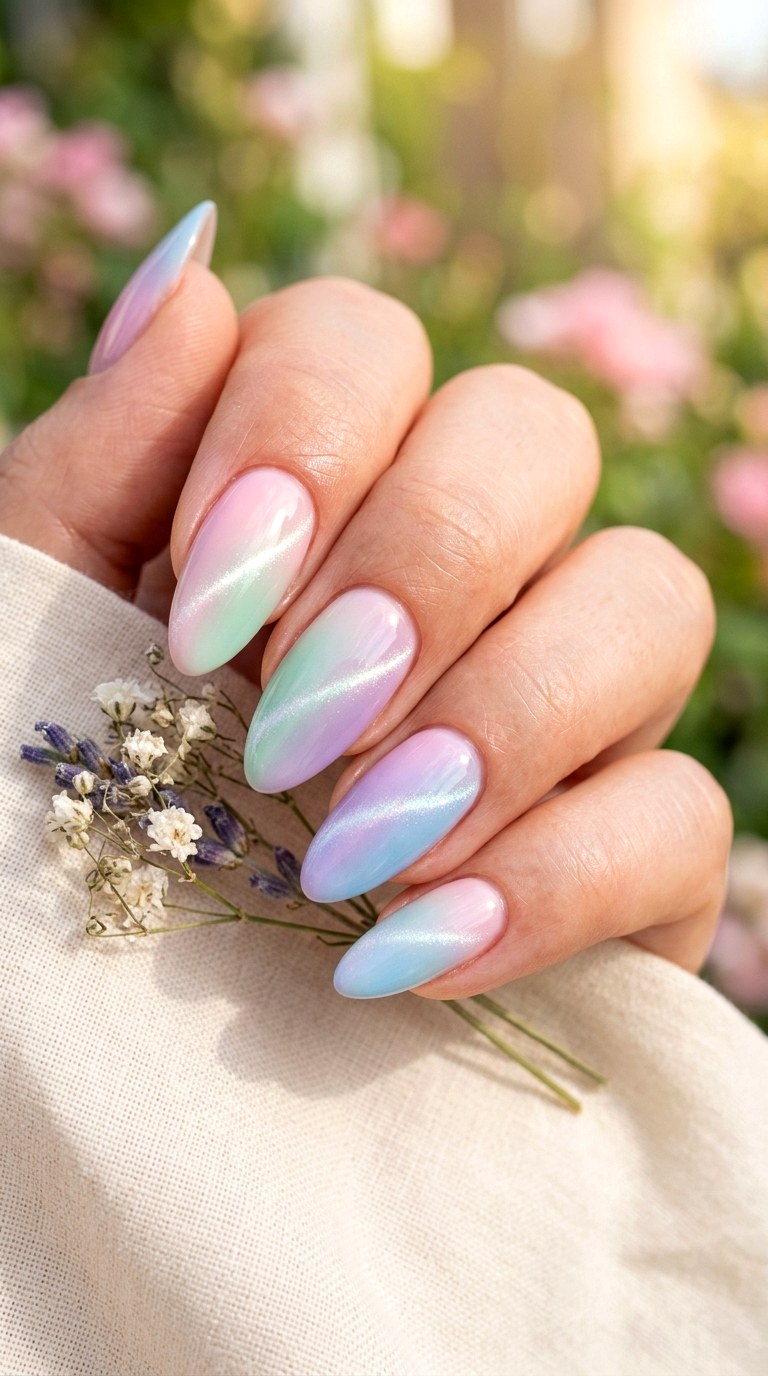 Soft Pastel Rainbow Gradient Cat Eye Nails - 20 Summer Pastel Rainbow Cat Eye Nails Ideas