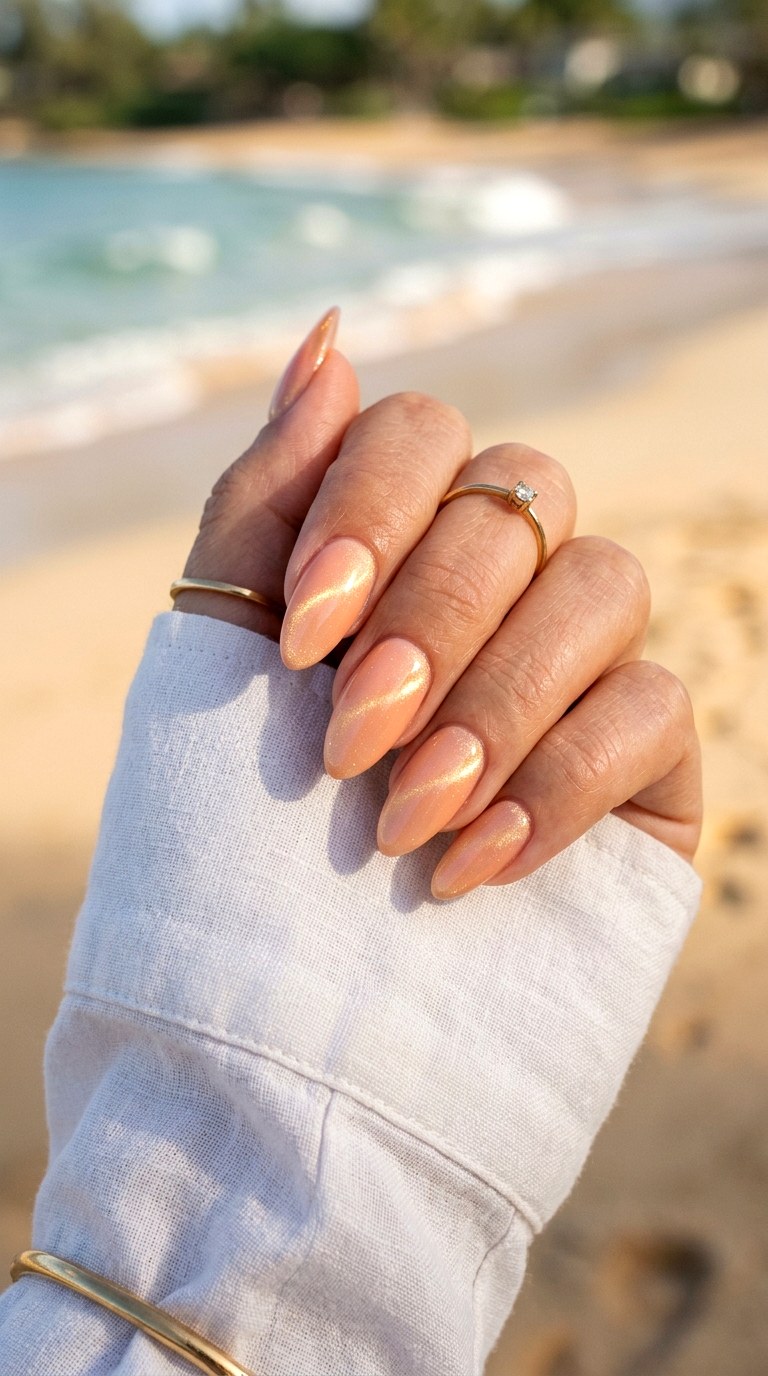 Soft Peach Cat Eye with Subtle Gold Shift - 22 Summer Peach Cat Eye Nails Ideas