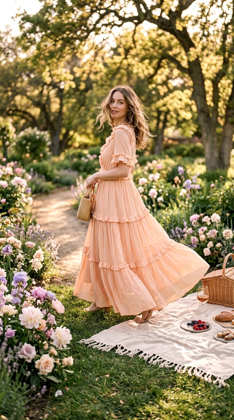 Soft Peach Flowy Maxi Dress - 21 Dreamy Pastel Spring Outfits 2026 That Feel Super Viral and Soft - Copy