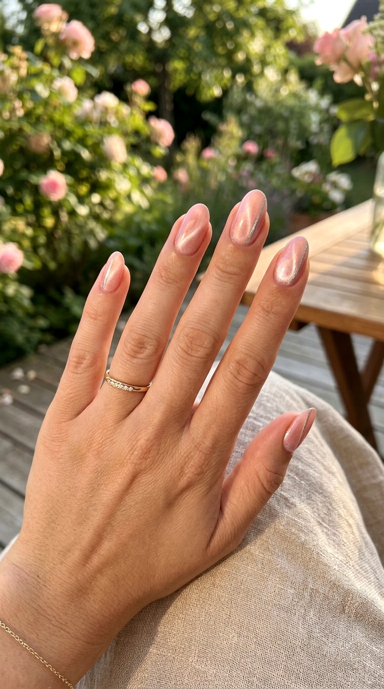 Soft Peach Pink Cat Eye with Side Shimmer Line - 22 Summer Pink Cat Eye Nails with Shimmer Line Ideas