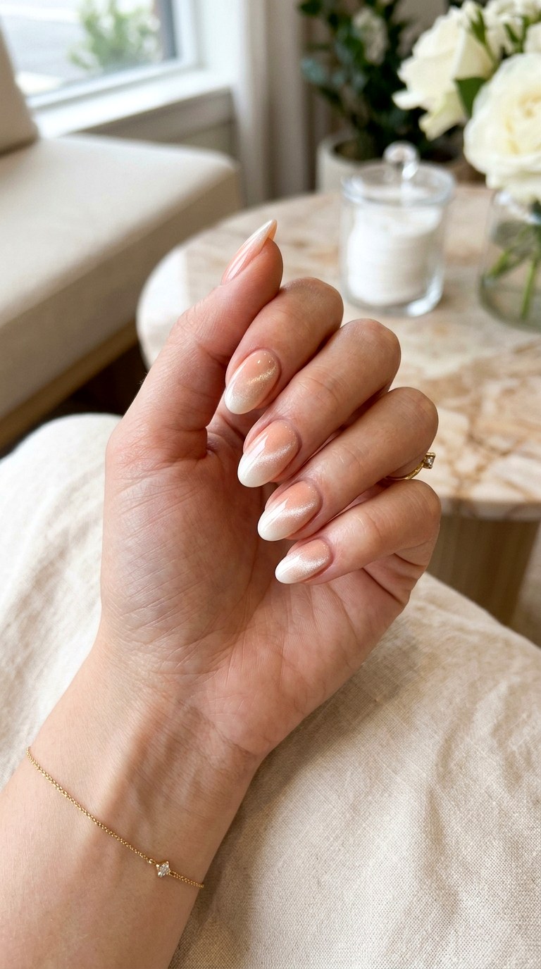 Soft Peach to Creamy White Cat Eye Ombre Nails - 24 Summer Ombre Pastel Cat Eye Nails Ideas