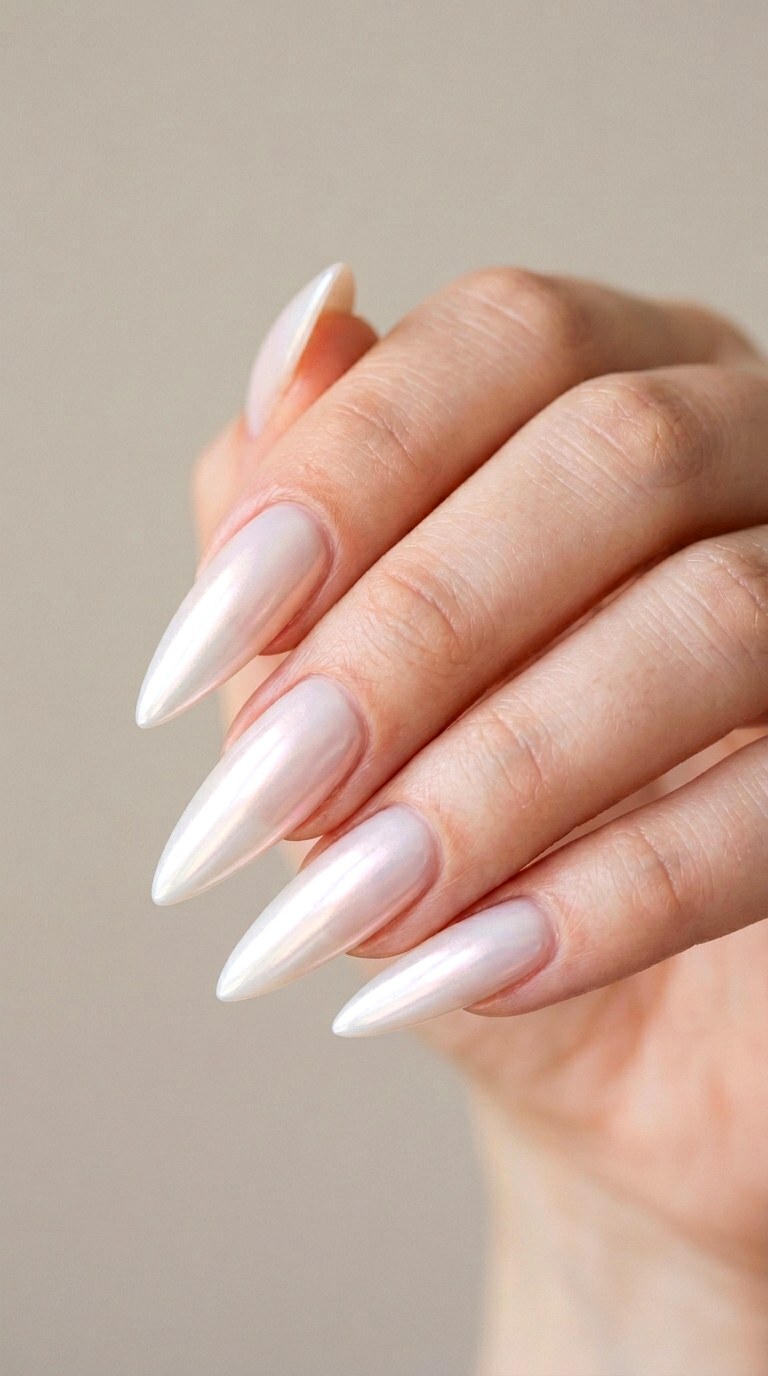 Soft Pearl Chrome Elegance - 21 Chrome Spring Stiletto Nails