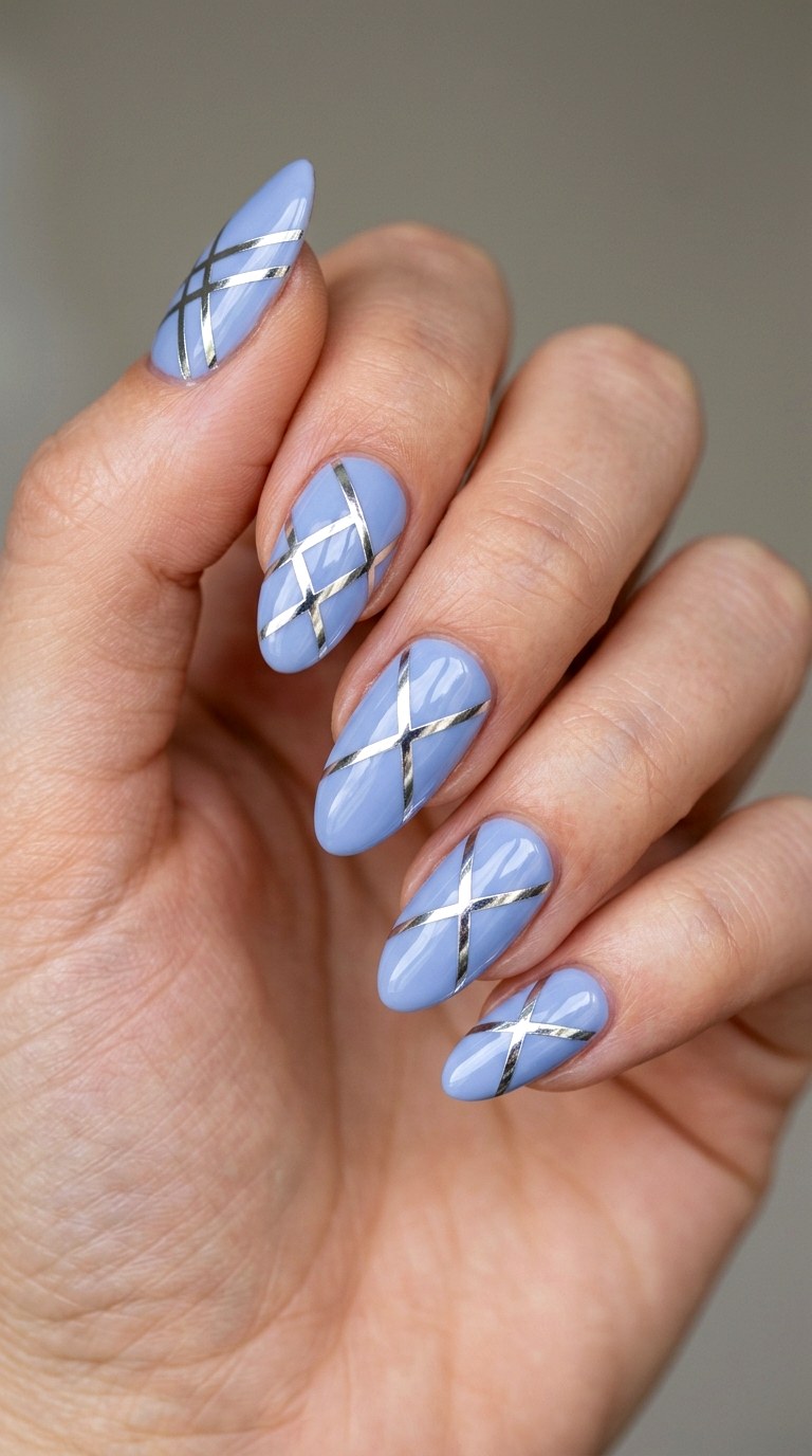 Soft Periwinkle and Silver Metallic Lines - 24 Classy Spring Two Colored Nails