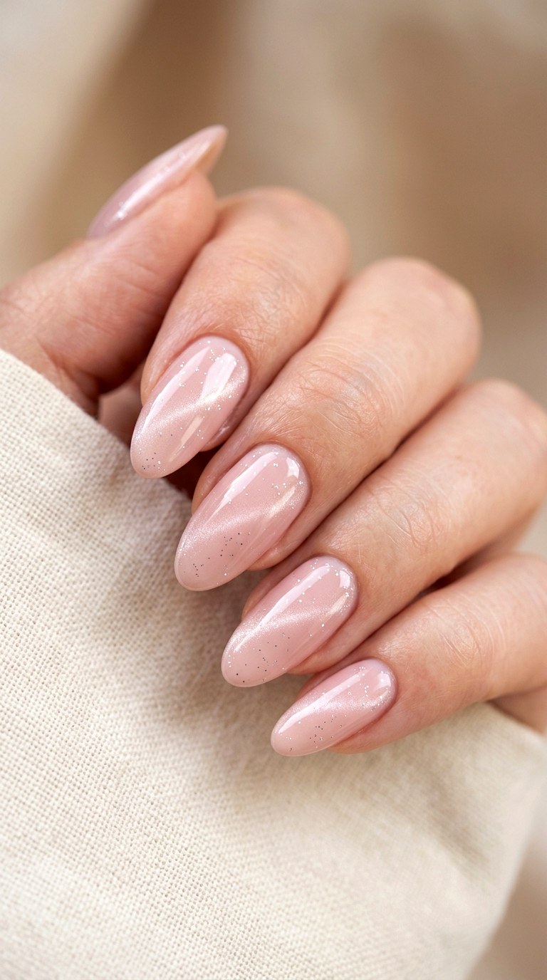 Soft Pink Blush with Fine Silver Glitter - 21 Summer Blush Cat Eye Nails with Glitter Ideas