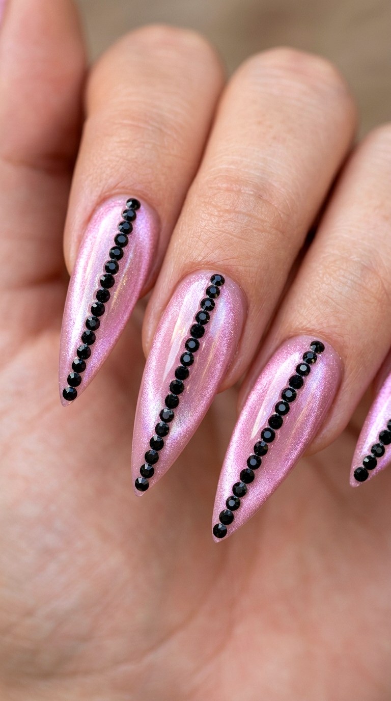 Soft Pink Cat Eye with Gemstone Spine - 21 Edgy Spring Stiletto Nails