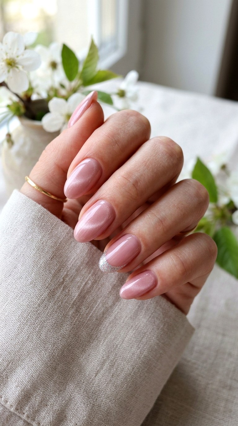 Soft Pink Cat Eye with Glitter French Tips - 20 Spring Pink Cat Eye Nails with Shimmer Line Ideas
