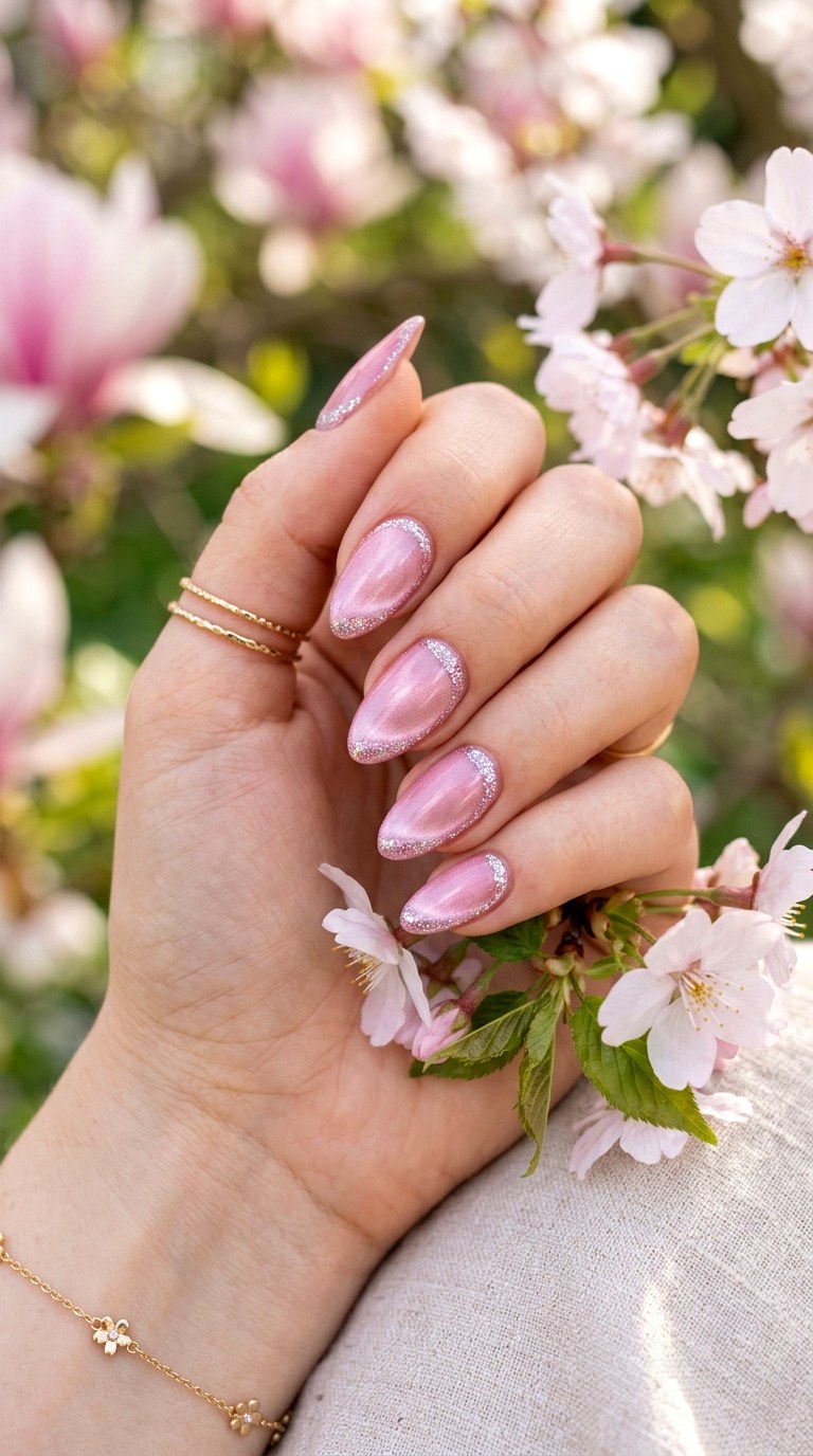 Soft Pink Cat Eye with Glitter Swirl - 20 Spring Pink Cat Eye Nails with Shimmer Line Ideas