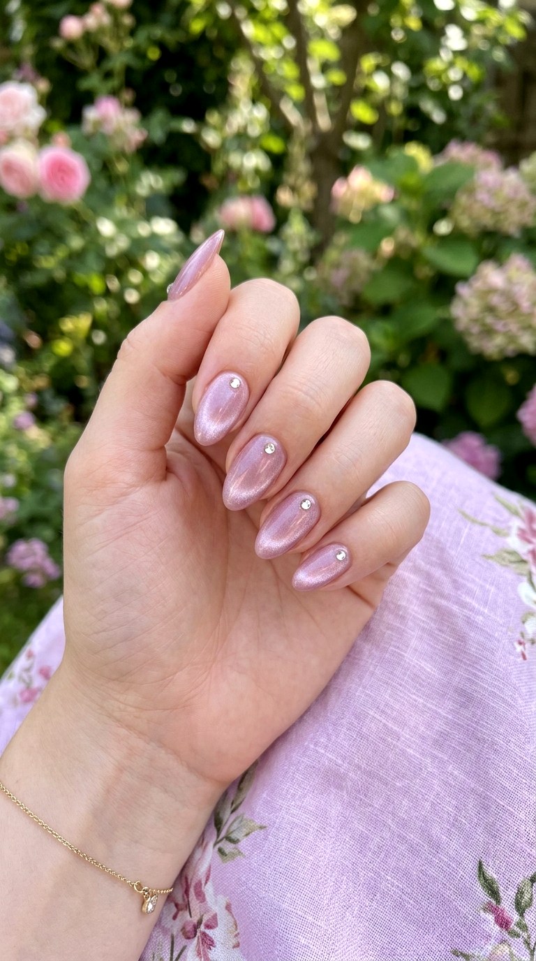 Soft Pink Cat Eye with Single Gem Accent - 21 Summer Crystal Accent Cat Eye Nails Ideas