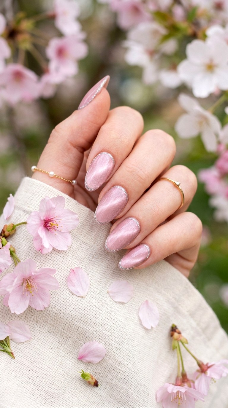 Soft Pink Cat Eye with Thin Glitter Outline - 20 Spring Pink Cat Eye Nails with Shimmer Line Ideas