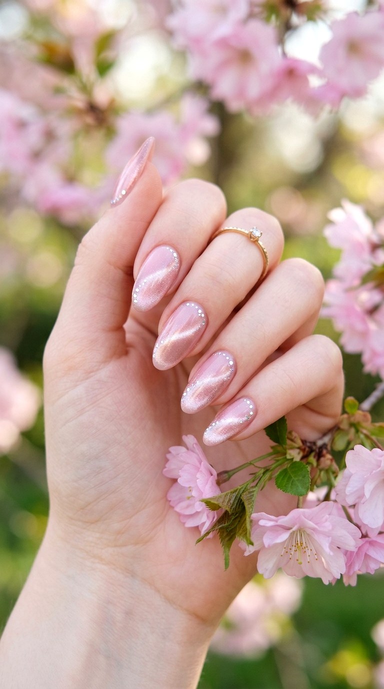 Soft Pink Cat Eye with Tiny Glitter Dots - 20 Spring Pink Cat Eye Nails with Shimmer Line Ideas