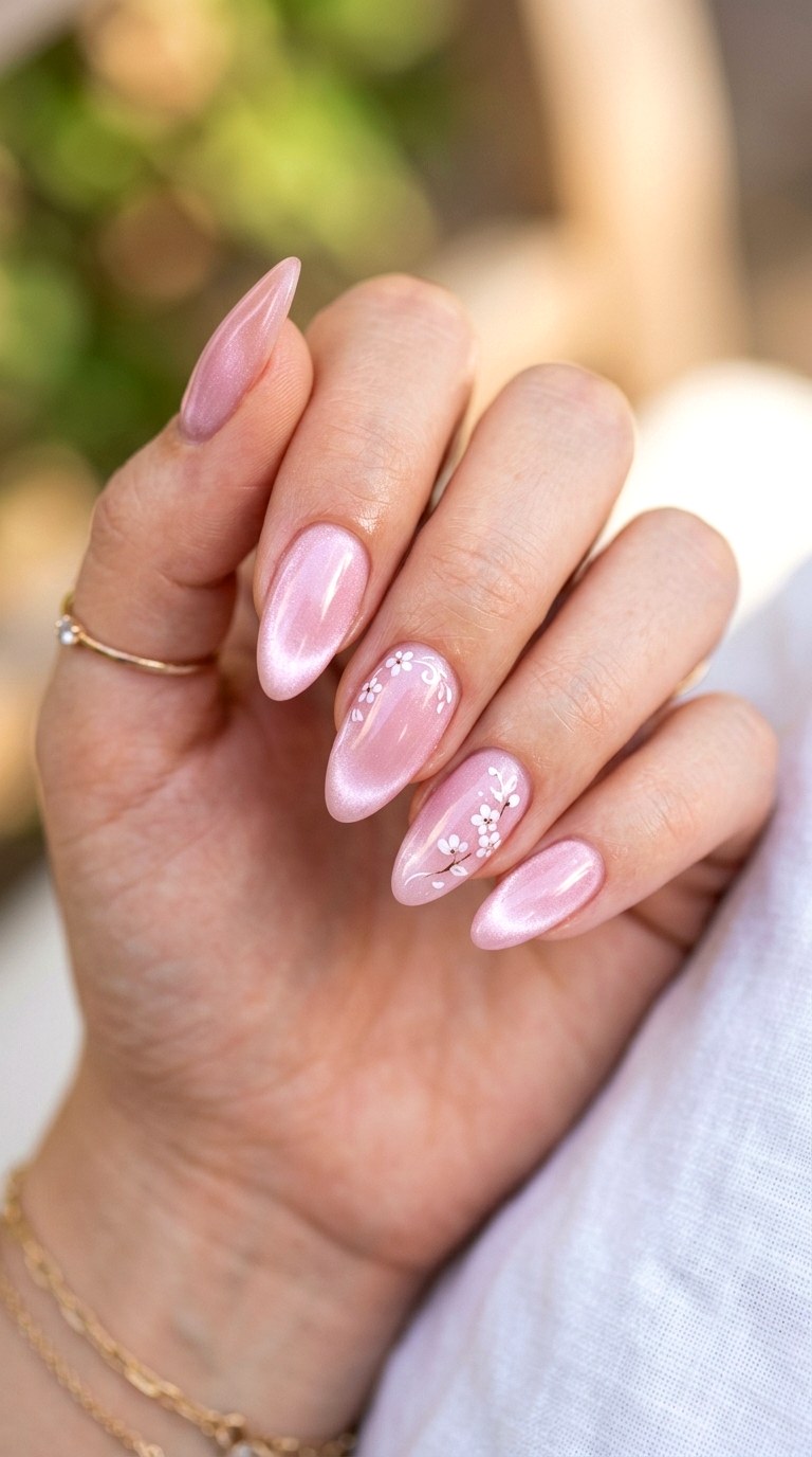 Soft Pink Floral Cat Eye Nails - 25 Summer Floral Cat Eye Nails Ideas